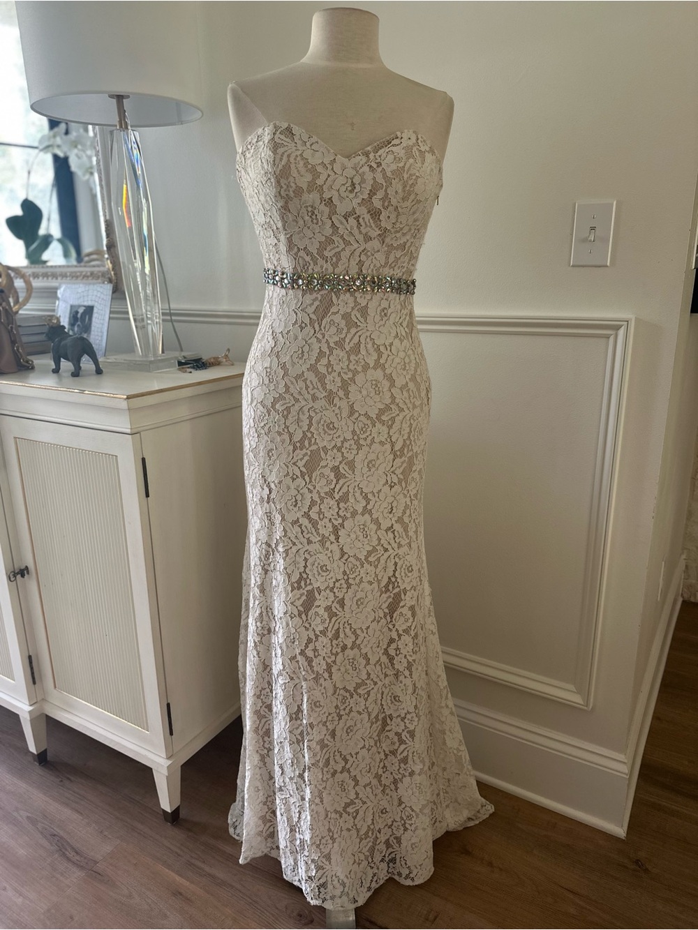 Alyce Paris Ivory Lace Strapless Sheath Wedding Dress with Beaded Waist